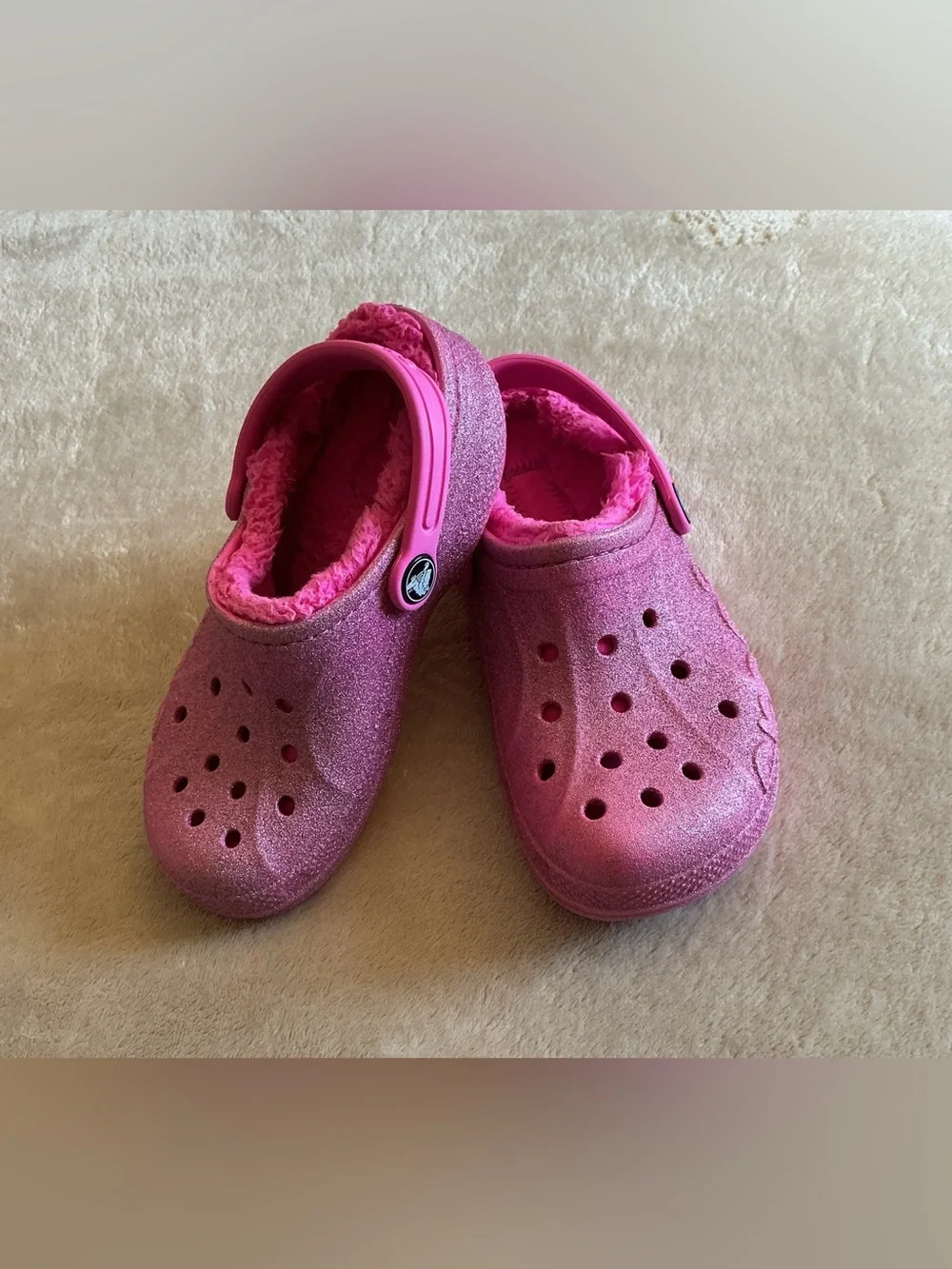 Crocs Youth Classic Lined Pink Clog Sparkle Size C13 #207656 Slip On Glitter